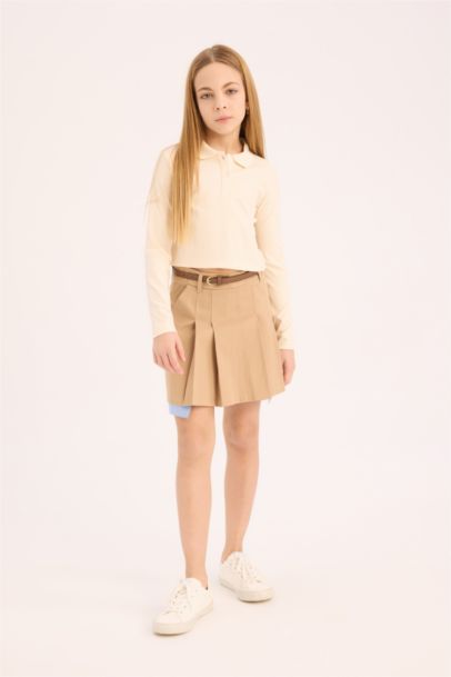 Girl Slim Fit Ribbed Long Sleeve Polo T-Shirt