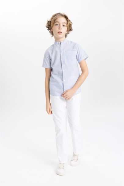 Boy Regular Fit Stand Collar Linen Look Shirt