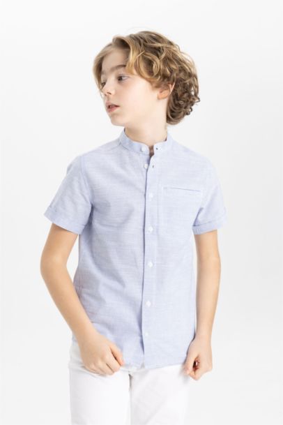 Boy Regular Fit Stand Collar Linen Look Shirt