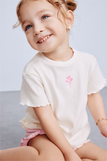 T-shirt slim maille côtelée avec imprimé de fleur à col rond pour bébé fille