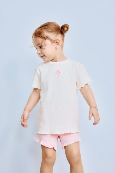 T-shirt slim maille côtelée avec imprimé de fleur à col rond pour bébé fille