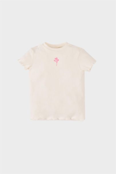 T-shirt slim maille côtelée avec imprimé de fleur à col rond pour bébé fille