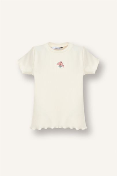 Regular Fıt Bisiklet Yaka Çiçekli Fitilli Kaşkorse Kısa Kollu Tişört Kız Bebek