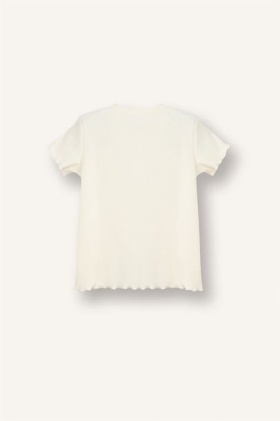 Regular Fıt Bisiklet Yaka Çiçekli Fitilli Kaşkorse Kısa Kollu Tişört Kız Bebek