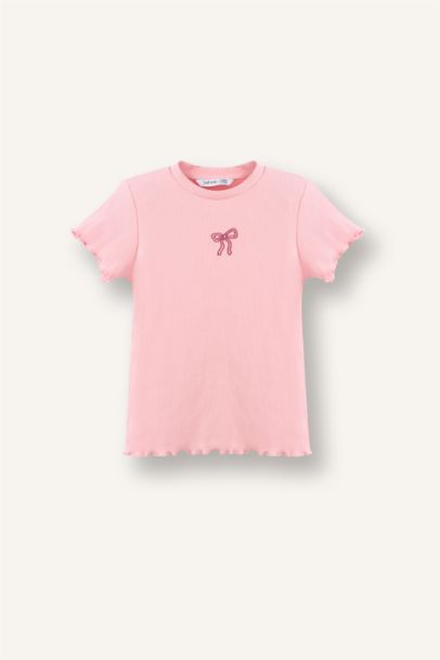 Regular Fıt Bisiklet Yaka Çiçekli Fitilli Kaşkorse Kısa Kollu Tişört Kız Bebek