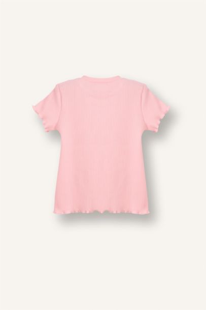 Regular Fıt Bisiklet Yaka Çiçekli Fitilli Kaşkorse Kısa Kollu Tişört Kız Bebek