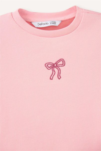 Regular Fıt Bisiklet Yaka Çiçekli Fitilli Kaşkorse Kısa Kollu Tişört Kız Bebek