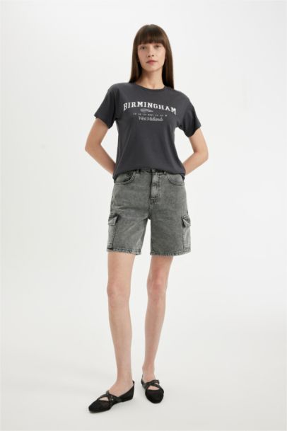 High Waist Denim Bermuda