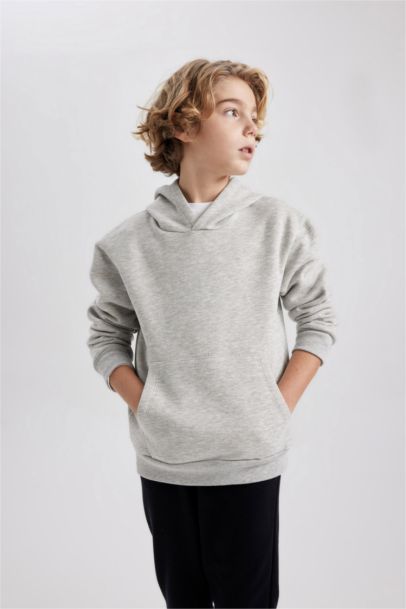 Basic Düz Kapüşonlu Sweatshirt Erkek Çocuk