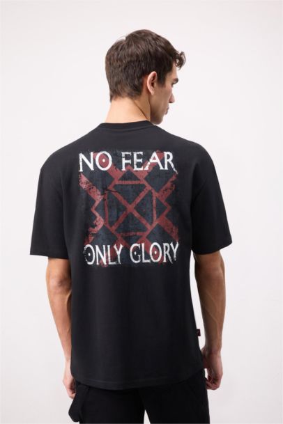 %100 Pamuk Vikings Valhalla Boxy Fit Rahat Kalıp Bisiklet Yaka Sırt Baskılı Kısa Kollu Tişört