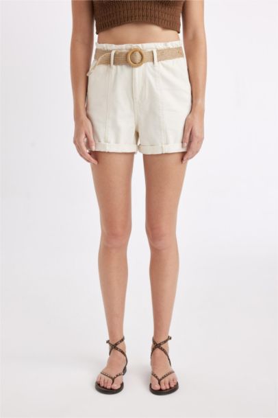 Paperbag High Waist Fold-Ankle Denim Shorts