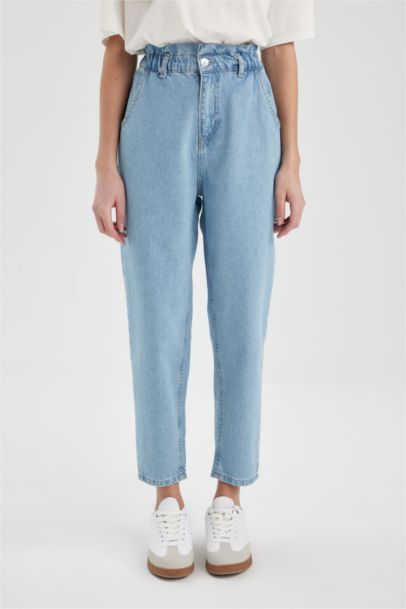 Jean Paperbag droit Taille Haute Décontracté et Cheville Longueur