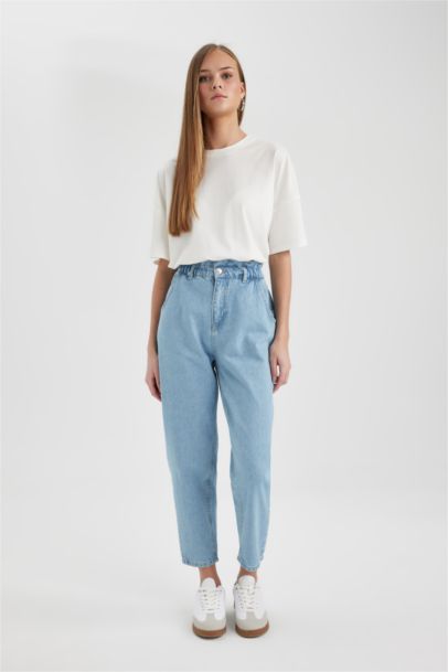 Jean Paperbag droit Taille Haute Décontracté et Cheville Longueur