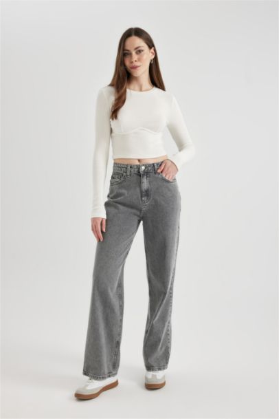 Wide Leg High Waist Cutaway Long Jeans