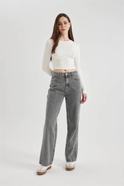 Wide Leg High Waist Cutaway Long Jeans