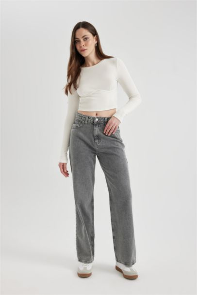 Wide Leg High Waist Cutaway Long Jeans