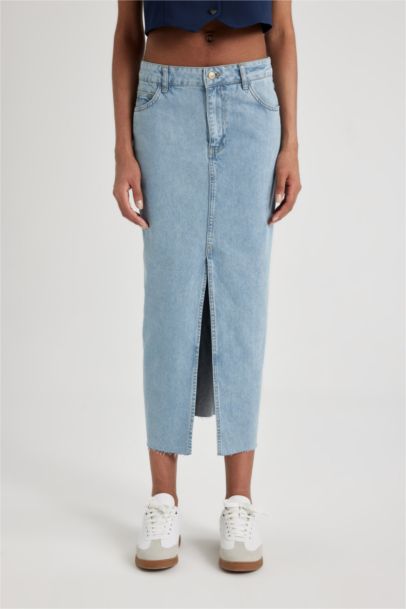 Long Fit Slit Maxi Denim Skirt