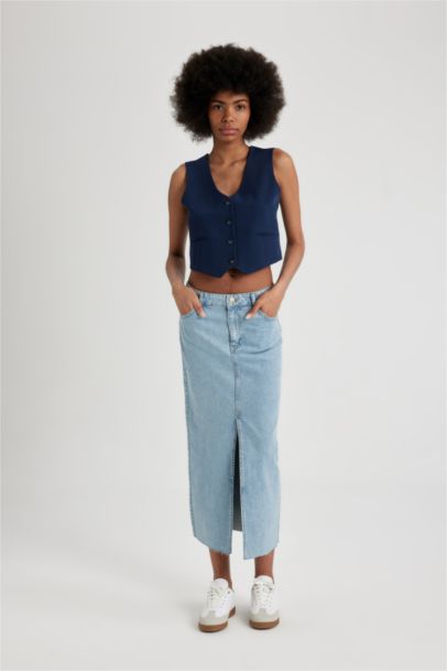 Long Fit Slit Maxi Denim Skirt