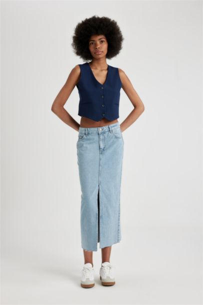 Long Fit Slit Maxi Denim Skirt
