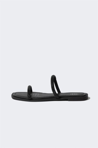 Woman Flat Sole Double Banded Faux Leather Slippers