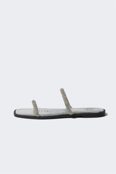 Woman Flat Sole Double Banded Faux Leather Slippers