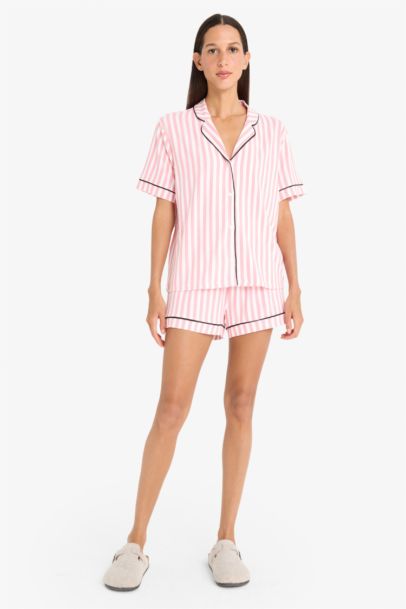 Regular Fit Pijama Takımı Çizgili Kısa Kollu Üst Esnek Şort