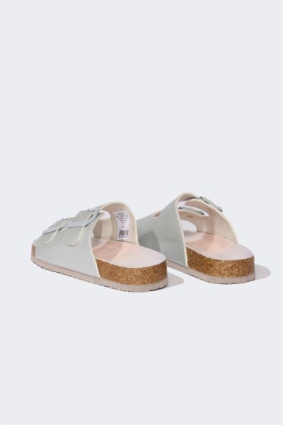 Girl Flat Sole Double Band Faux Leather Slippers