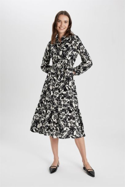 Shirt Collar Patterned Long Sleeve Maxi Dress