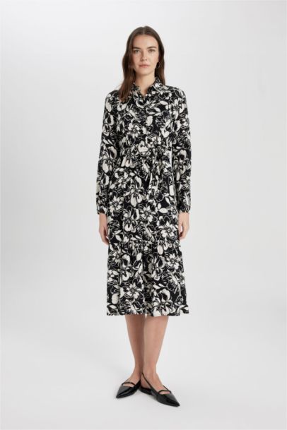 Shirt Collar Patterned Long Sleeve Maxi Dress