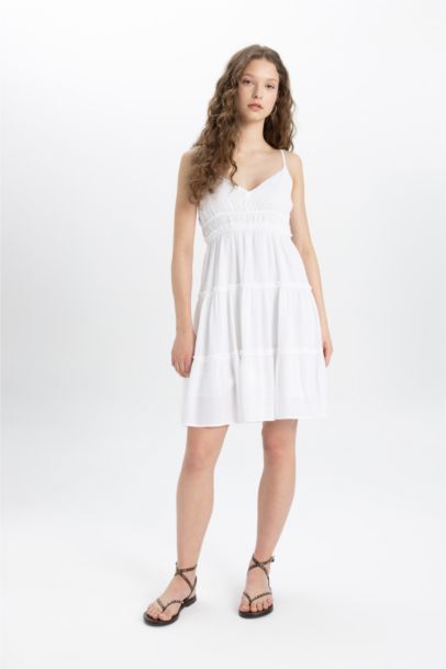 A-Line V-Neck Strap White Short Sleeve Dress