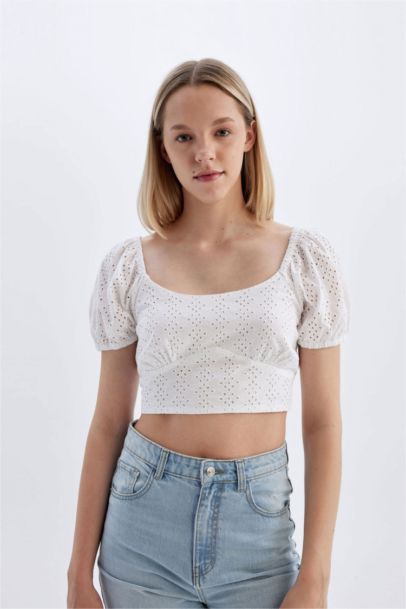 Slim Fit U Collar Embroidered Short Sleeve Blouse