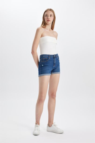 High Waist Fold-Ankle Denim Shorts