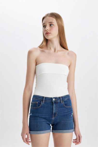 High Waist Fold-Ankle Denim Shorts