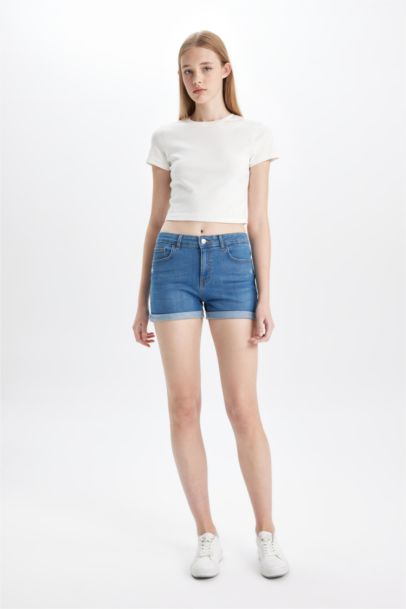 High Waist Fold-Ankle Denim Shorts