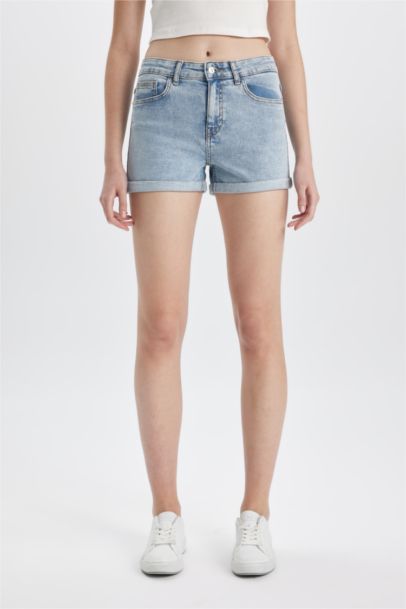 High Waist Fold-Ankle Denim Shorts