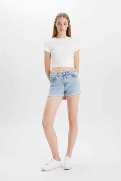 High Waist Fold-Ankle Denim Shorts