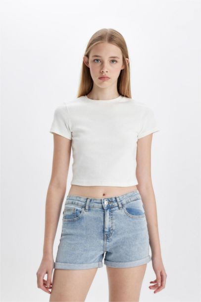 High Waist Fold-Ankle Denim Shorts