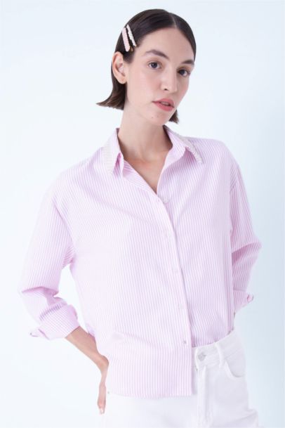 Oversize Fit Shirt Collar Striped Oxford Long Sleeve Shirt