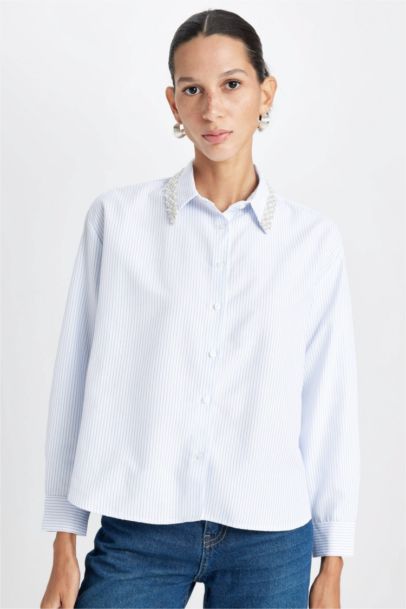 Oversize Fit Shirt Collar Striped Oxford Long Sleeve Shirt
