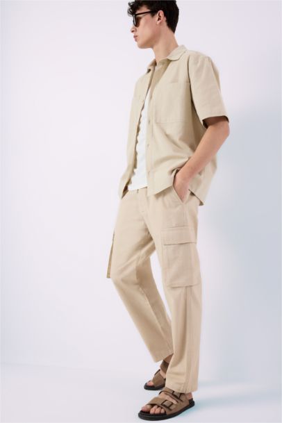 Pantalon Aspect Lin à Jambe Large avec Poches Cargo