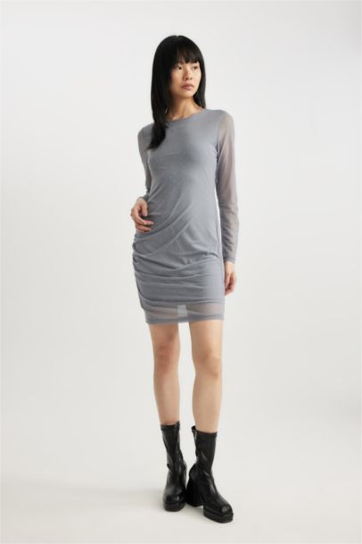 Bodycon Crew Neck Tulle Mini Dress