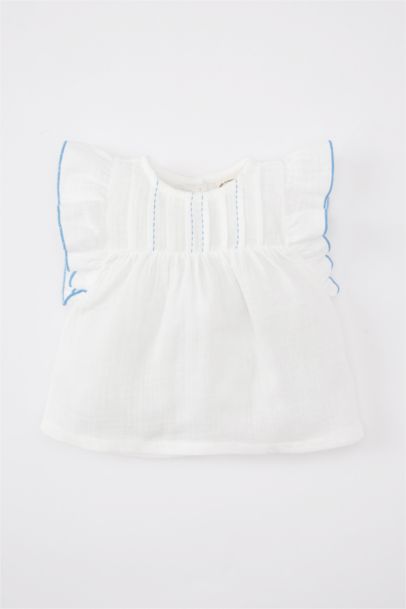 Baby Girl Crew Neck Muslin Short Sleeve Shirt