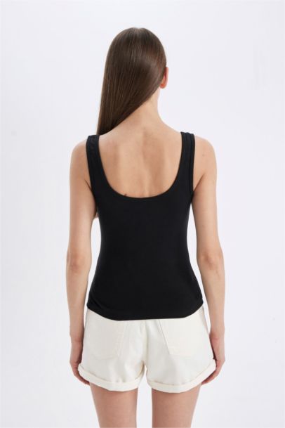 Siyah Slim Fit Dar Kesim U Yaka Ribana Basic Düz Atlet