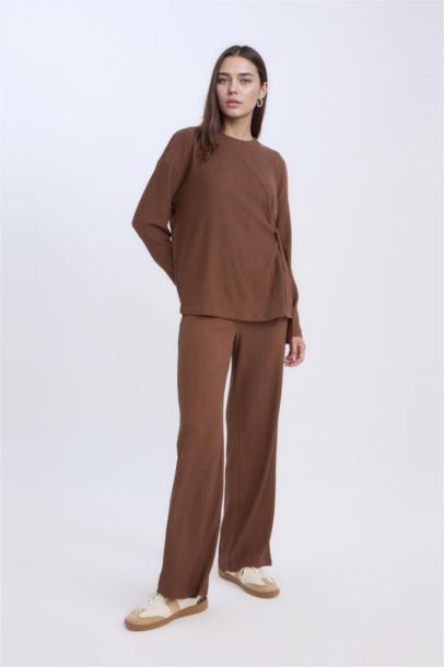 Bürümcük Pantolon Wide Leg Geniş Bol Paça Beli Lastikli