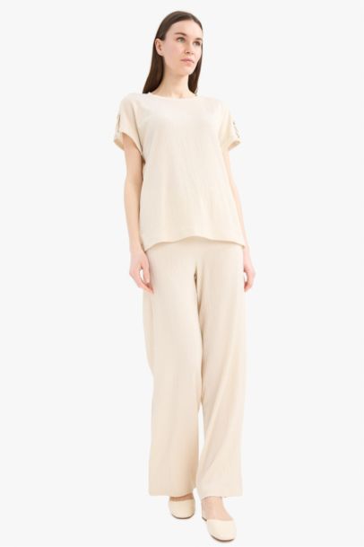 Bürümcük Pantolon Wide Leg Geniş Bol Paça Beli Lastikli