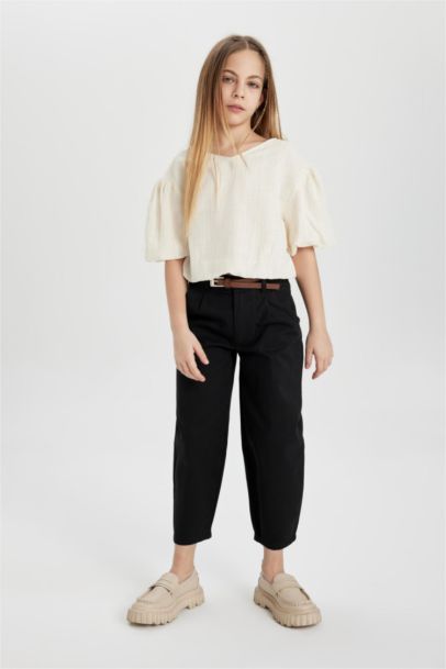 Girl Barrel Fit Wide Leg Cotton Belted Trousers