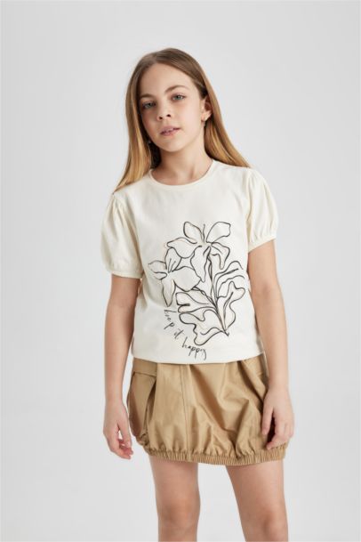 Kız Çocuk Bisiklet Yaka Baskılı Kısa Kollu Tişört