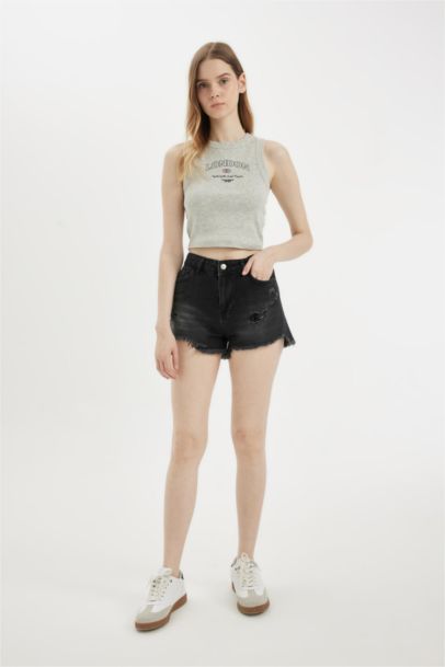High Waist Cut Denim Shorts