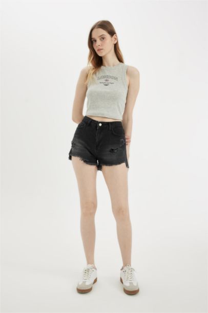 High Waist Cut Denim Shorts