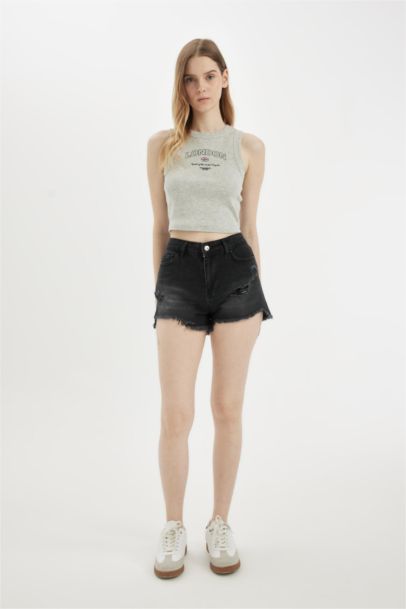 High Waist Cut Denim Shorts